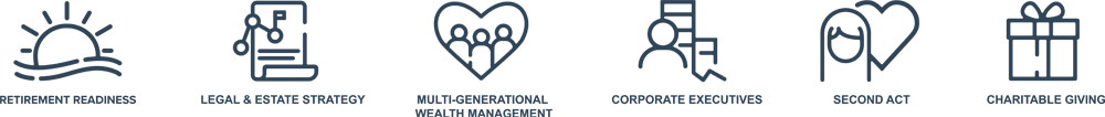 
        Retirement Readiness Legal & Estate Strategy Multi-generational Corporate Executives Suddenly Single Charitable Giving Wealth Management
        